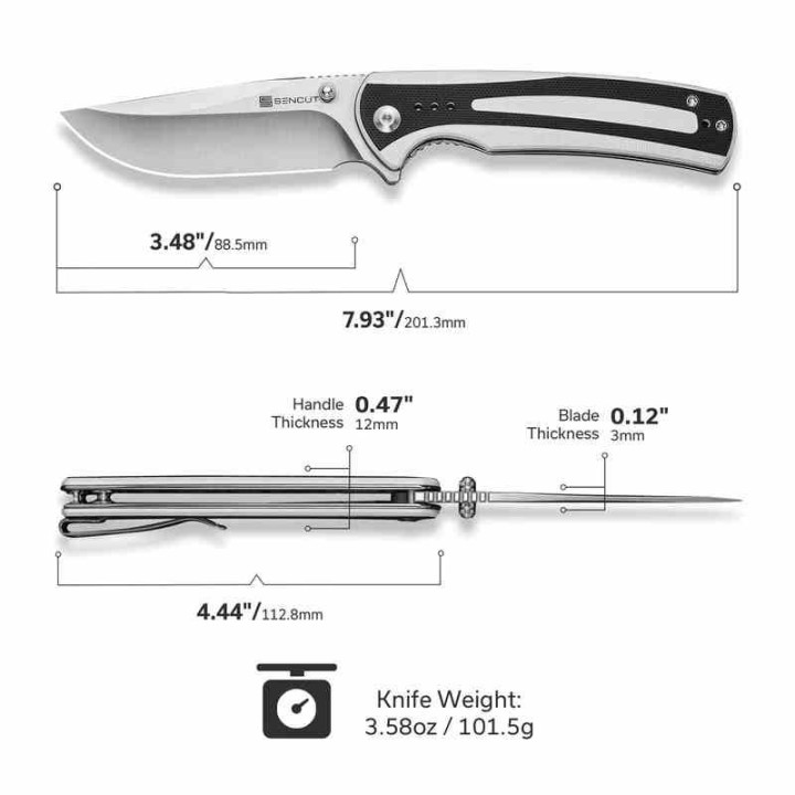 Couteau Sencut Regnator White/Black Lame Clip Point Acier 9Cr18MoV Manche G10 Linerlock IKBS Clip S240573 - Livraison Gratuite