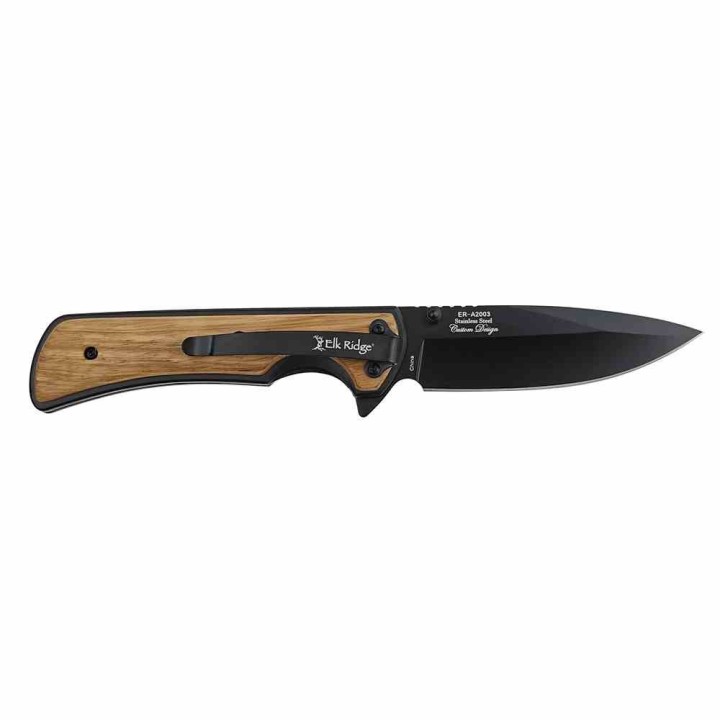 Couteau Elk Ridge Linerlock A/O Lame Drop Point Acier 3Cr13 Manche Aluminium/Bois Clip ERA2003BK Livraison Gratuite