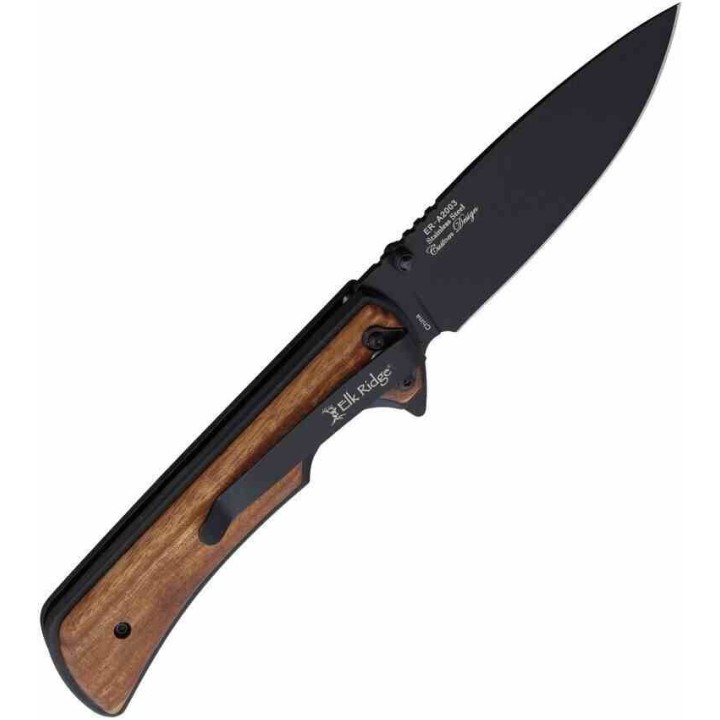 Couteau Elk Ridge Linerlock A/O Lame Drop Point Acier 3Cr13 Manche Aluminium/Bois Clip ERA2003BK Livraison Gratuite