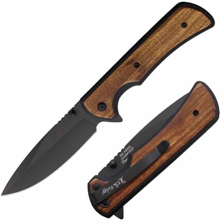 Couteau Elk Ridge Linerlock A/O Lame Drop Point Acier 3Cr13 Manche Aluminium/Bois Clip ERA2003BK Livraison Gratuite