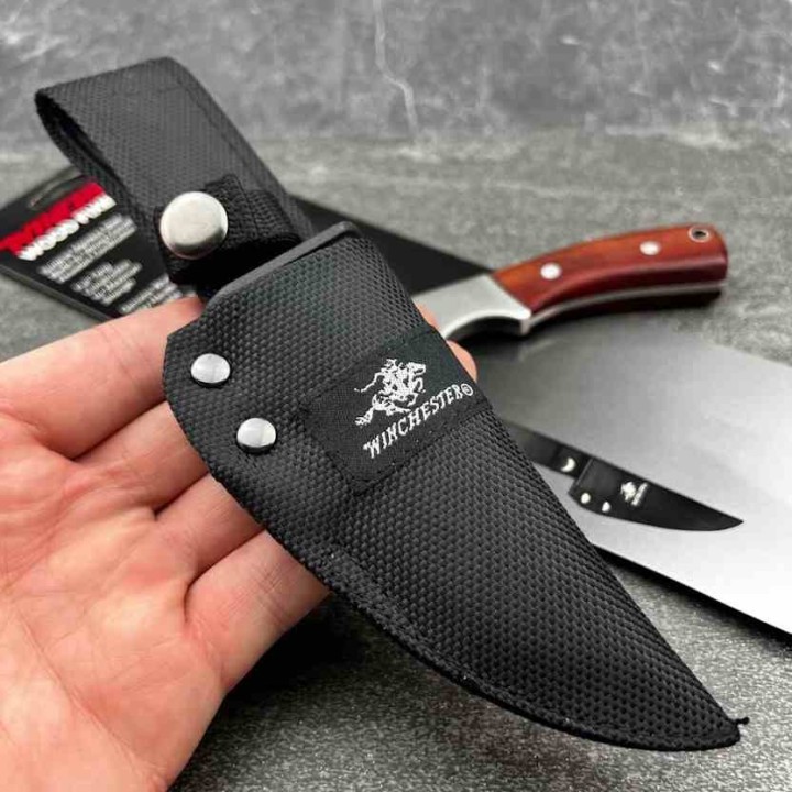 Couteau de Chasse Randonnée Winchester Hunter Lame Acier Inox Satin Manche Bois Etui Nylon G41340 - Livraison Gratuite