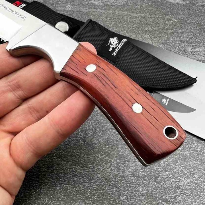 Couteau de Chasse Randonnée Winchester Hunter Lame Acier Inox Satin Manche Bois Etui Nylon G41340 - Livraison Gratuite