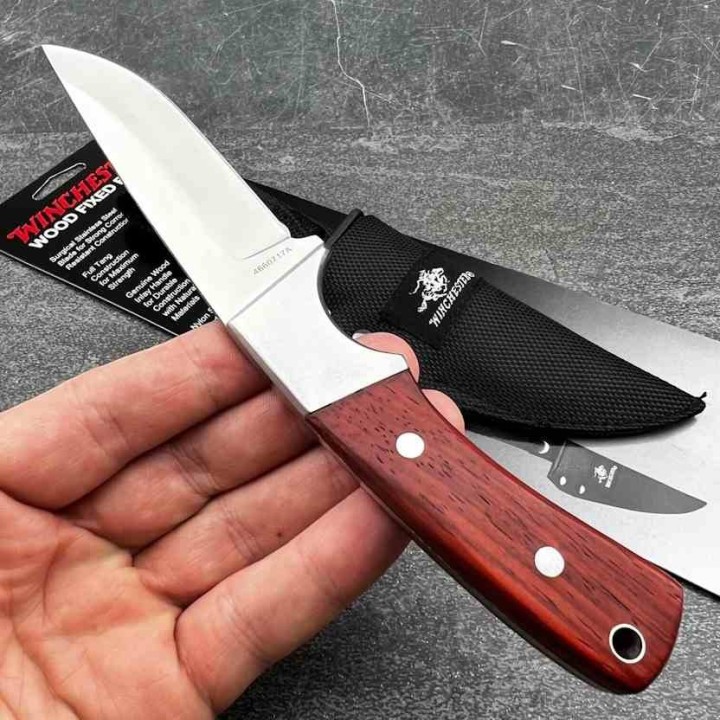 Couteau de Chasse Randonnée Winchester Hunter Lame Acier Inox Satin Manche Bois Etui Nylon G41340 - Livraison Gratuite