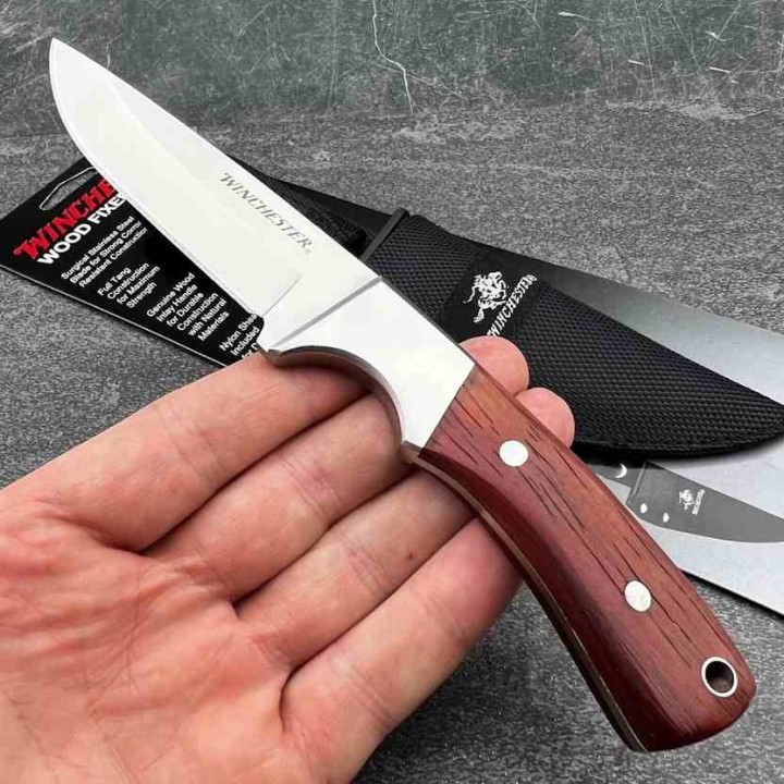 Couteau de Chasse Randonnée Winchester Hunter Lame Acier Inox Satin Manche Bois Etui Nylon G41340 - Livraison Gratuite