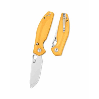 Couteau Bestechman Angry Owl Yellow Lame Acier D2 Manche G10 IKBS Button Lock BTKMK12A1 - Livraison Gratuite