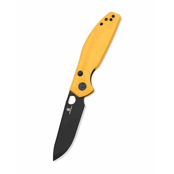 Couteau Bestechman Angry Owl Yellow Lame Acier D2 Black Manche G10 IKBS Button Lock BTKMK12A2 - Livraison Gratuite