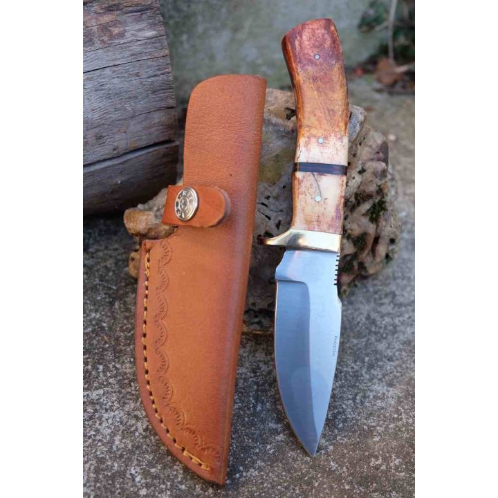 Couteau Skinner Rando Lame Drop Point Acier Inox Manche Os Etui Cuir PA3395 - Livraison Gratuite