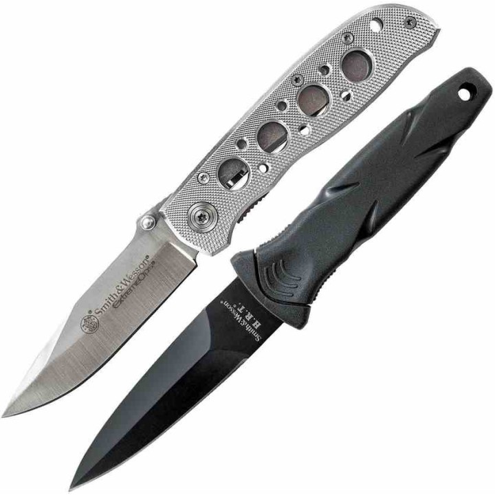 Set Couteaux Smith & Wesson Extreme Ops/HRT 1 Pliant & 1 Fixe Lame Acier 7Cr17MoV Manche TPR/Alu SWP1105619 - Livraison Gratuite