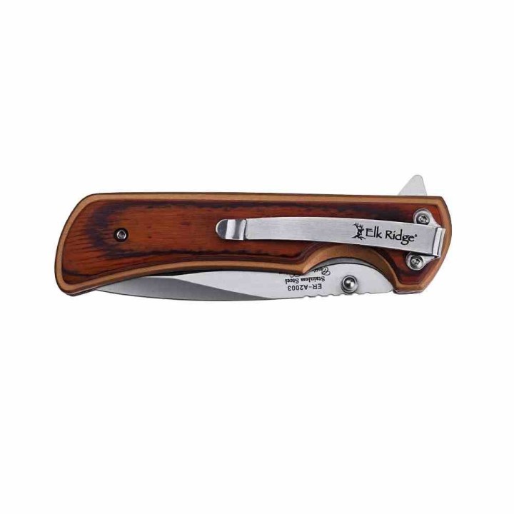 Couteau Elk Ridge Linerlock A/O Lame Drop Point Acier 3Cr13 Manche Bronze Alu/Bois Clip ERA2003BZ - Livraison Gratuite