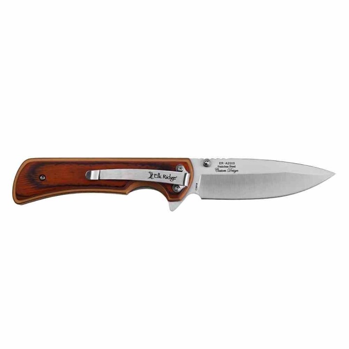 Couteau Elk Ridge Linerlock A/O Lame Drop Point Acier 3Cr13 Manche Bronze Alu/Bois Clip ERA2003BZ - Livraison Gratuite