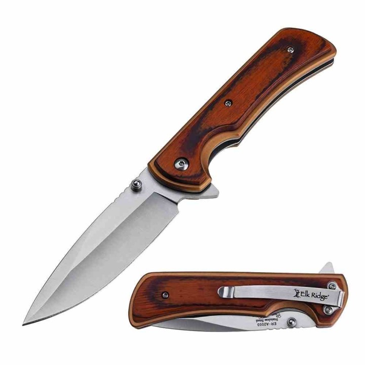 Couteau Elk Ridge Linerlock A/O Lame Drop Point Acier 3Cr13 Manche Bronze Alu/Bois Clip ERA2003BZ - Livraison Gratuite