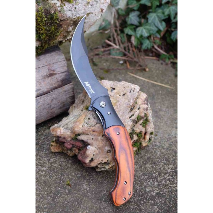 Couteau MTech A/O Lame Acier 3Cr13 Persian Manche Acier/Bois Sécurité Liner Lock MTA2023WD - Livraison Gratuite