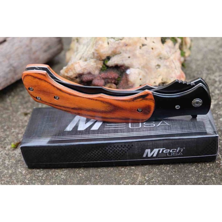 Couteau MTech A/O Lame Acier 3Cr13 Persian Manche Acier/Bois Sécurité Liner Lock MTA2023WD - Livraison Gratuite