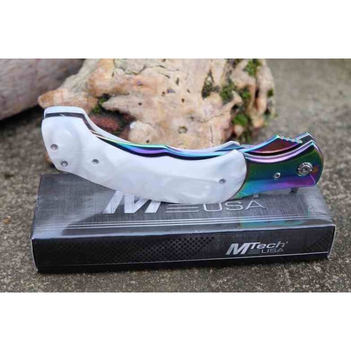 Couteau MTech A/O Lame Acier 3Cr13 Persian Manche Acier/POM Sécurité Liner Lock MTA2023WH - Livraison Gratuite