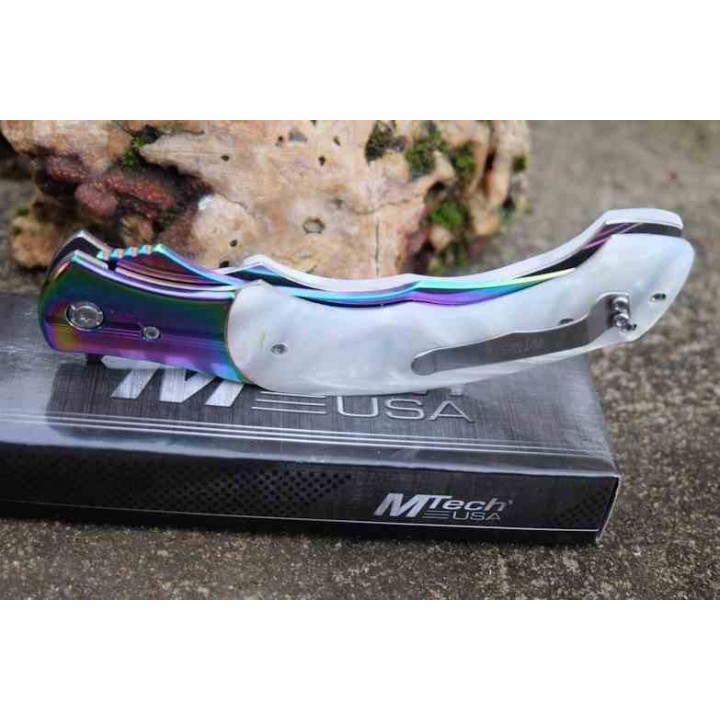 Couteau MTech A/O Lame Acier 3Cr13 Persian Manche Acier/POM Sécurité Liner Lock MTA2023WH - Livraison Gratuite