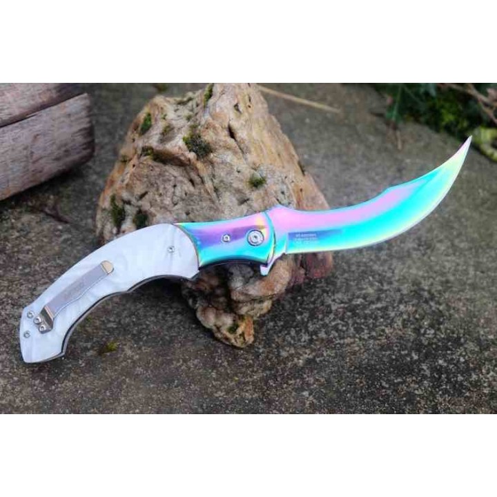 Couteau MTech A/O Lame Acier 3Cr13 Persian Manche Acier/POM Sécurité Liner Lock MTA2023WH - Livraison Gratuite
