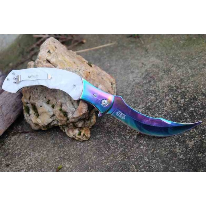 Couteau MTech A/O Lame Acier 3Cr13 Persian Manche Acier/POM Sécurité Liner Lock MTA2023WH - Livraison Gratuite