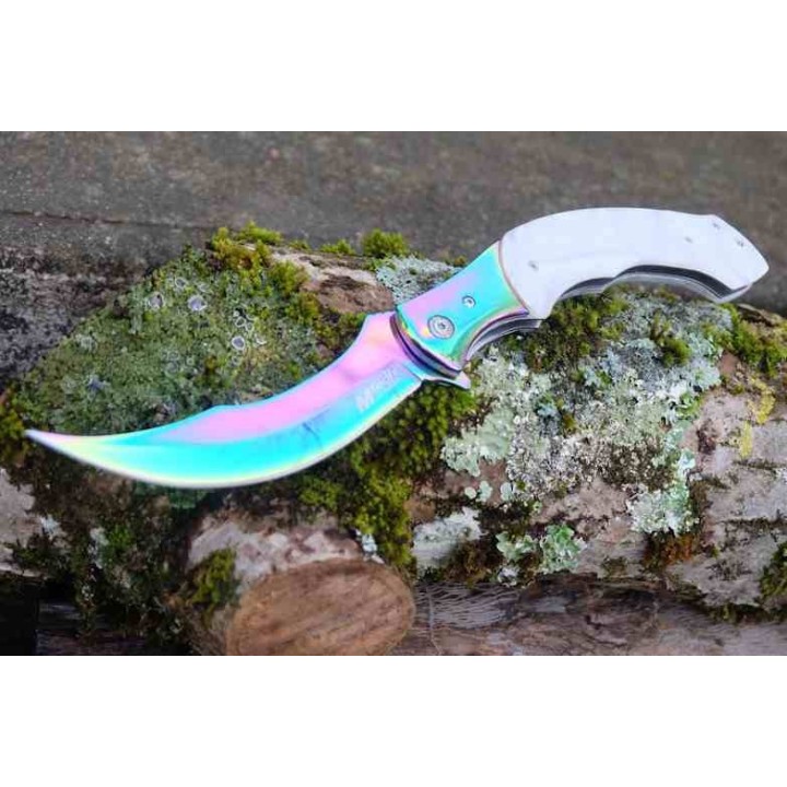Couteau MTech A/O Lame Acier 3Cr13 Persian Manche Acier/POM Sécurité Liner Lock MTA2023WH - Livraison Gratuite