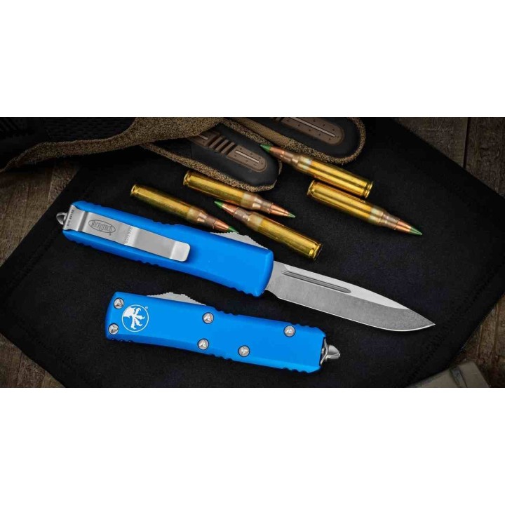 Couteau Microtech UTX-85 AUTO OTF Lame Acier Premium Drop Point Manche Alu Blue Thumb Slide USA MCT23110BL - Livraison Gratuite
