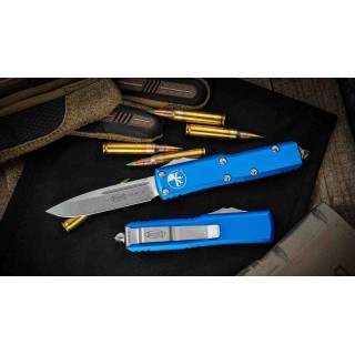 Couteau Microtech UTX-85 AUTO OTF Lame Acier Premium Drop Point Manche Alu Blue Thumb Slide USA MCT23110BL - Livraison Gratuite
