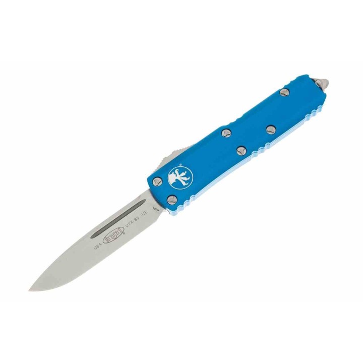 Couteau Microtech UTX-85 AUTO OTF Lame Acier Premium Drop Point Manche Alu Blue Thumb Slide USA MCT23110BL - Livraison Gratuite
