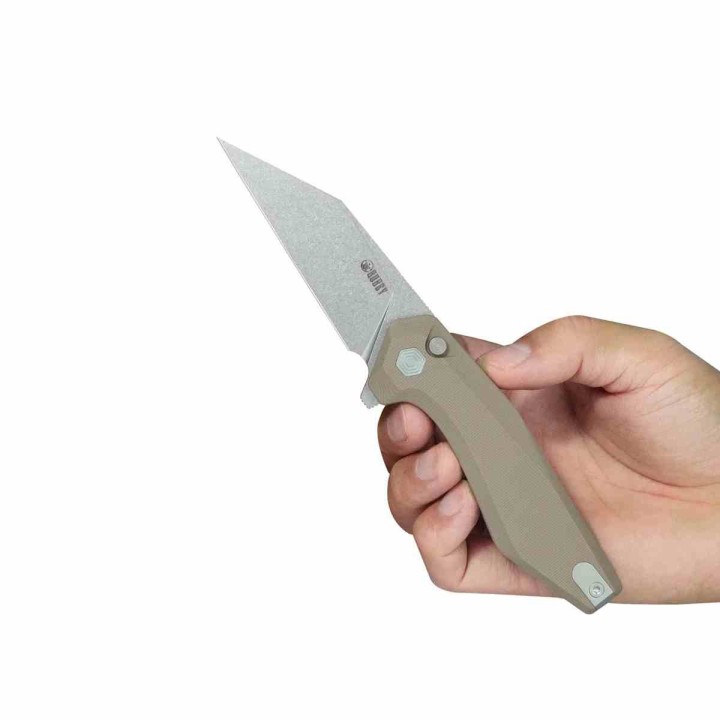 Couteau Kubey Fenrir Tan Lame Wharncliffe Acier 14C28N SW Manche G-10 IKBS Button Lock KUB393C - Livraison Gratuite
