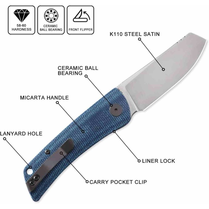 Couteau Petrified Fish Flavorist Blue Lame Cleaver Acier K110 Satin Manche Micarta Liner Lock PFKE05BMP - Livraison Gratuite