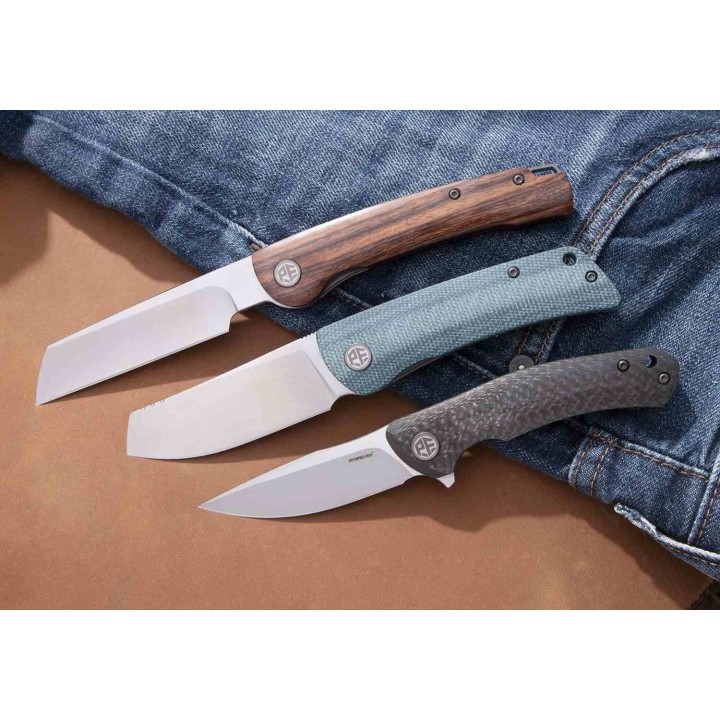 Couteau Petrified Fish Flavorist Blue Lame Cleaver Acier K110 Satin Manche Micarta Liner Lock PFKE05BMP - Livraison Gratuite