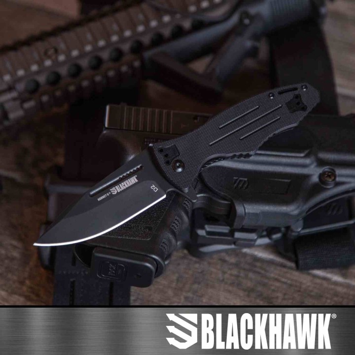Couteau BLACKHAWK! Hornet II A/O Liner Lock Lame Clip Point Acier D2 DLC Noir Manche G-10 Noir BH15H201BK - Livraison Gratuite