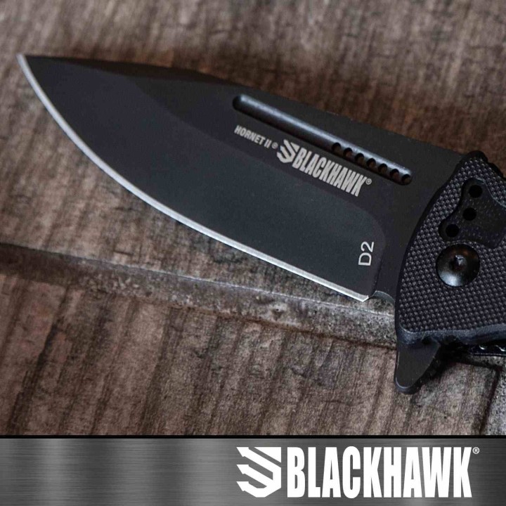 Couteau BLACKHAWK! Hornet II A/O Liner Lock Lame Clip Point Acier D2 DLC Noir Manche G-10 Noir BH15H201BK - Livraison Gratuite
