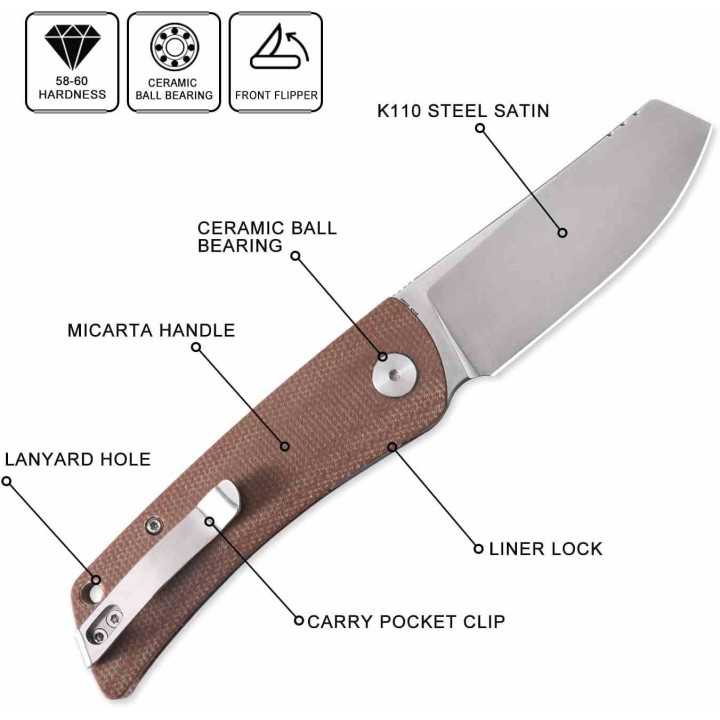 Couteau Petrified Fish Flavorist Brown Lame Cleaver Acier K110 Satin Manche Micarta Liner Lock PFKE05BRMP - Livraison Gratuite