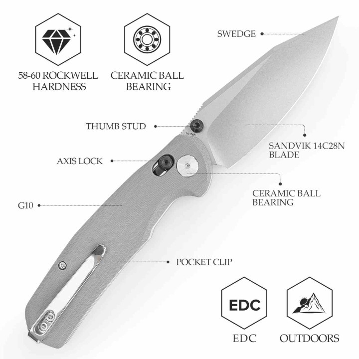 Couteau TRIVISA Hornet-03G Gray Axis Lock Lame Drop Point Acier 14C28N Manche G-10 IKBS TVJM01GG14 - Livraison Gratuite