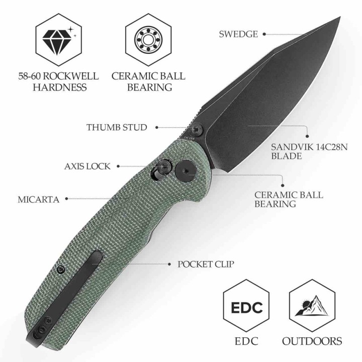Couteau TRIVISA Hornet-04G Green Axis Lock Lame Drop Point Acier 14C28N Manche Micarta IKBS TVJM01GM14 - Livraison Gratuite