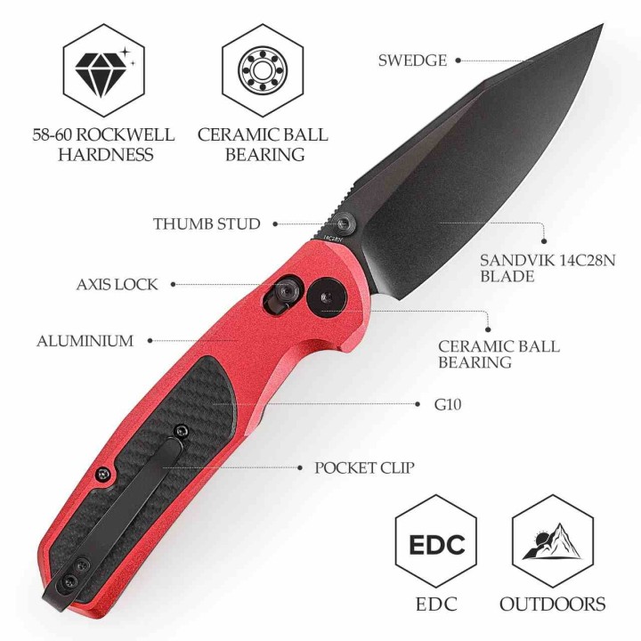 Couteau TRIVISA Hornet-08R Red Axis Lock Lame Drop Point Acier 14C28N Manche Alu/G-10 TVJM01RA14 - Livraison Gratuite