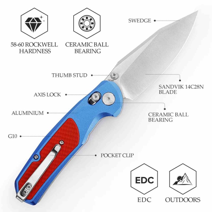 Couteau TRIVISA Hornet-08L Blue/Red Axis Lock Lame Acier 14C28N Manche Alu/G-10 TVJM01LA14 - Livraison Gratuite