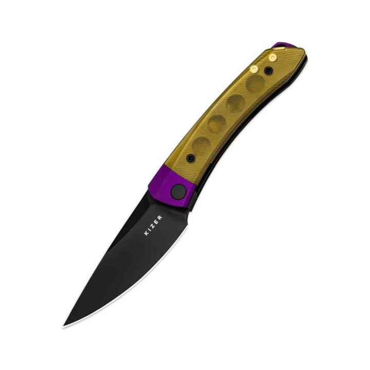 Couteau Kizer Mini Momo PEI Lame Nitro-V Noir Manche Alu/PEI Violet/Jaune IKBS Liner Lock KIV3663A1 - Livraison Gratuite
