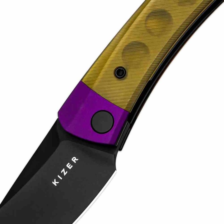 Couteau Kizer Mini Momo PEI Lame Nitro-V Noir Manche Alu/PEI Violet/Jaune IKBS Liner Lock KIV3663A1 - Livraison Gratuite