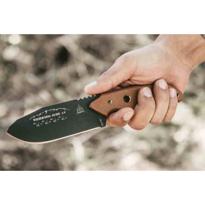 Couteau TOPS Wilderness Guide 4.0 Lame Acier 1095 Manche Micarta Tan Etui Nylon Molle USA TPWSG4 - Livraison Gratuite
