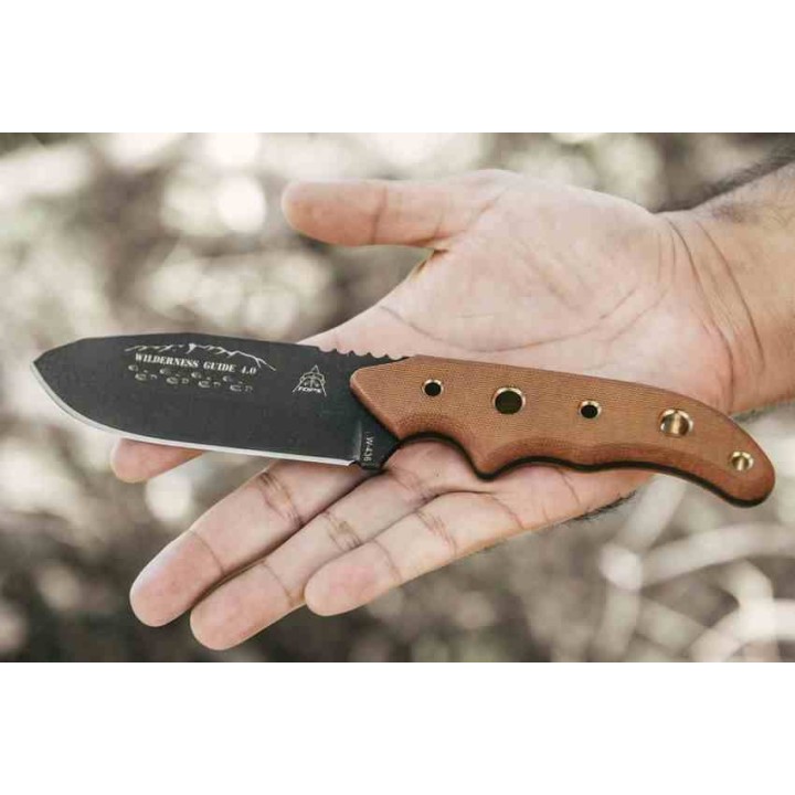 Couteau TOPS Wilderness Guide 4.0 Lame Acier 1095 Manche Micarta Tan Etui Nylon Molle USA TPWSG4 - Livraison Gratuite