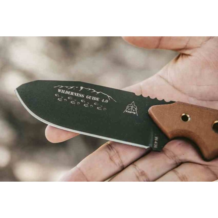 Couteau TOPS Wilderness Guide 4.0 Lame Acier 1095 Manche Micarta Tan Etui Nylon Molle USA TPWSG4 - Livraison Gratuite