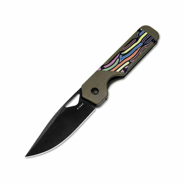 Couteau Kizer Militaw Green Lame Acier Nitro-V Noir Manche G-10 Vert Party Streamers Linerlock KIV3634A3 - Livraison Gratuite