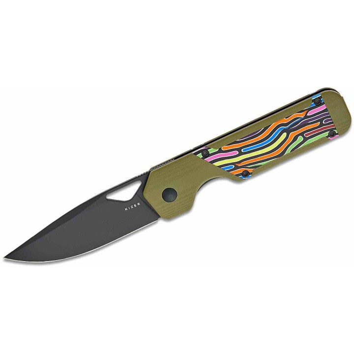Couteau Kizer Militaw Green Lame Acier Nitro-V Noir Manche G-10 Vert Party Streamers Linerlock KIV3634A3 - Livraison Gratuite
