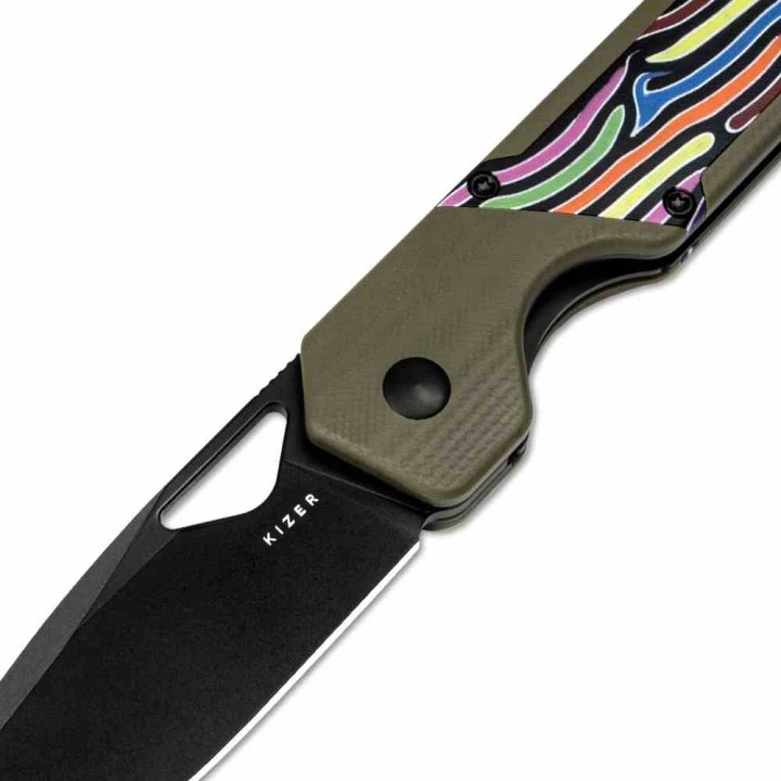Couteau Kizer Militaw Green Lame Acier Nitro-V Noir Manche G-10 Vert Party Streamers Linerlock KIV3634A3 - Livraison Gratuite