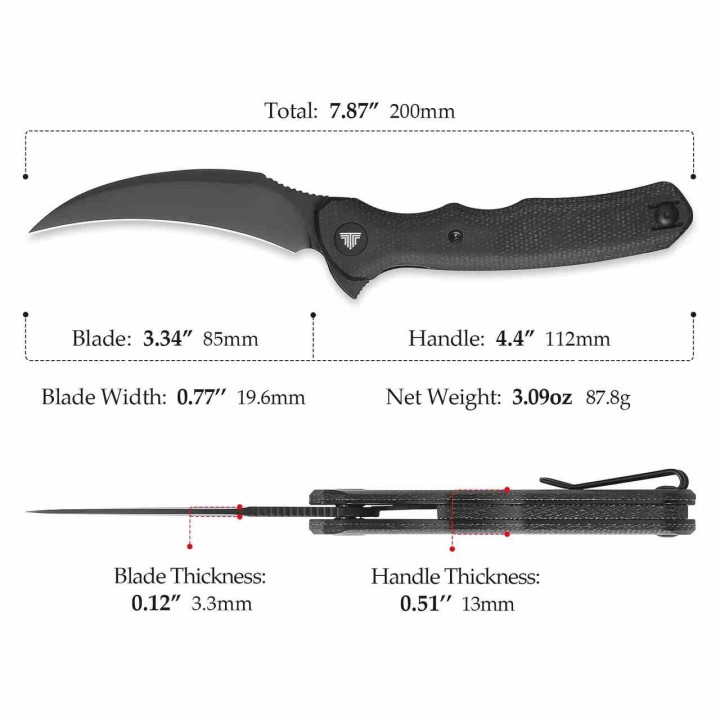 Couteau TRIVISA Lacerta-04B Black Lame Karambit Acier 14C28N Black Manche Micarta Linerlock IKBS TVTY19BM14 - Livraison Gratuite