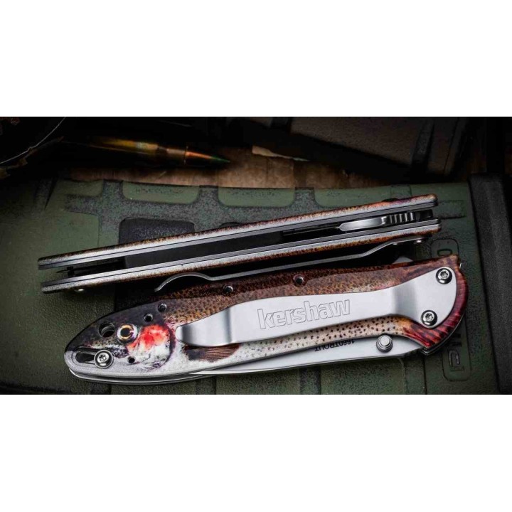 Couteau Kershaw Trout Leek A/O Lame Wharncliffe Acier 14C28N Manche Alu Motif Truite Made USA KS1660TROUT -  Livraison Gratuite