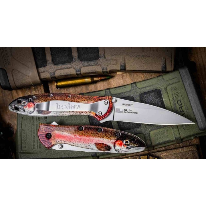 Couteau Kershaw Trout Leek A/O Lame Wharncliffe Acier 14C28N Manche Alu Motif Truite Made USA KS1660TROUT -  Livraison Gratuite