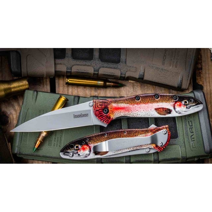 Couteau Kershaw Trout Leek A/O Lame Wharncliffe Acier 14C28N Manche Alu Motif Truite Made USA KS1660TROUT -  Livraison Gratuite