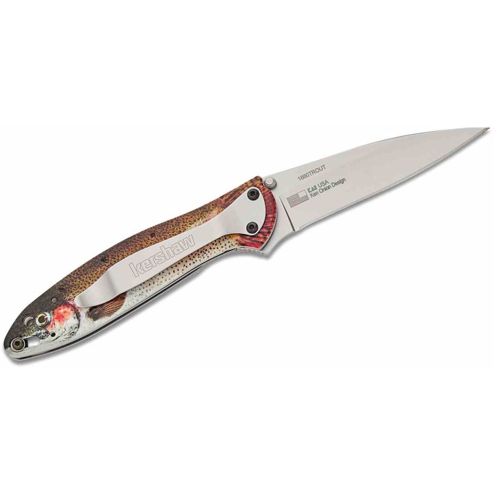 Couteau Kershaw Trout Leek A/O Lame Wharncliffe Acier 14C28N Manche Alu Motif Truite Made USA KS1660TROUT -  Livraison Gratuite