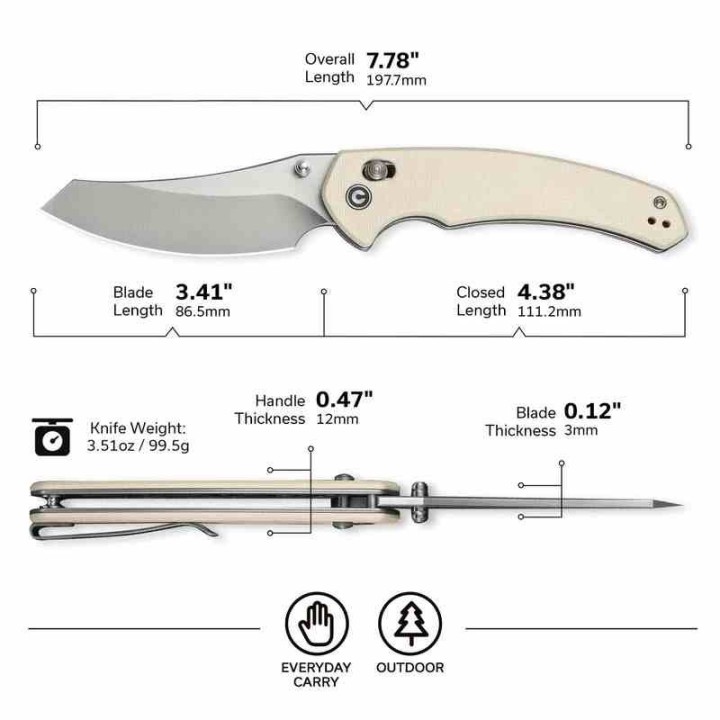 Couteau CIVIVI Sixgill Ivory Lame Reverse Tanto Nitro-V Satin Manche G-10 IKBS Crossbar Lock CIVC240502 - Livraison Gratuite