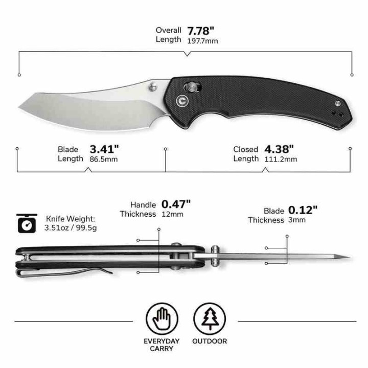 Couteau CIVIVI Sixgill Black Lame Reverse Tanto Nitro-V Satin Manche G-10 IKBS Crossbar Lock CIVC240501 - Livraison Gratuite